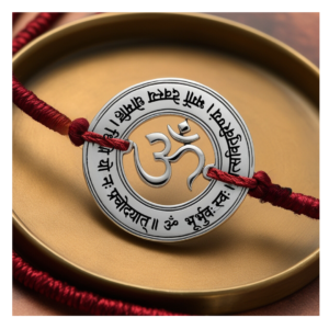 A beautifully handcrafted silver Om Rakhi with the full Gayatri Mantra engraved around the Om symbol, placed on a round golden tray with a vibrant red thread.